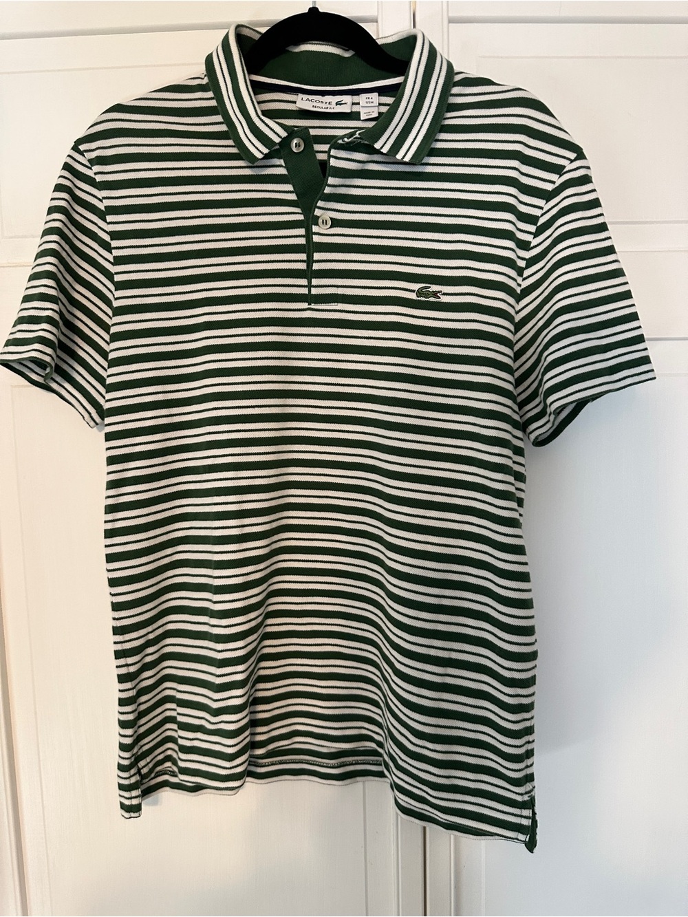 Lacoste Green and White Striped Polo Shirt with Embroidered Crocodile